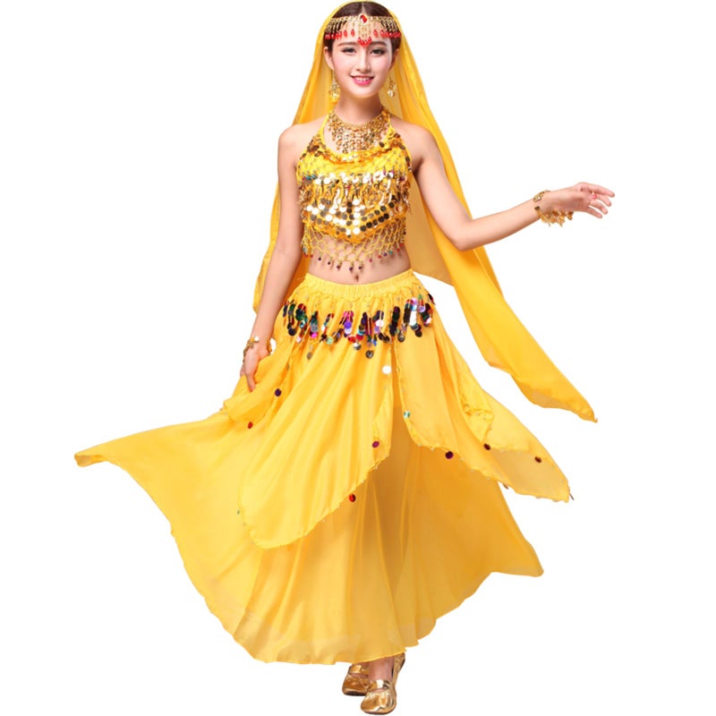 ORIDOOR Women Belly Dance Dress Set Crop Top Padded Bra Top Sparkling Belly Dance Chiffon Skirts with Coins 5-Piece Outfit 02 Yellow â€¦ - Image 2